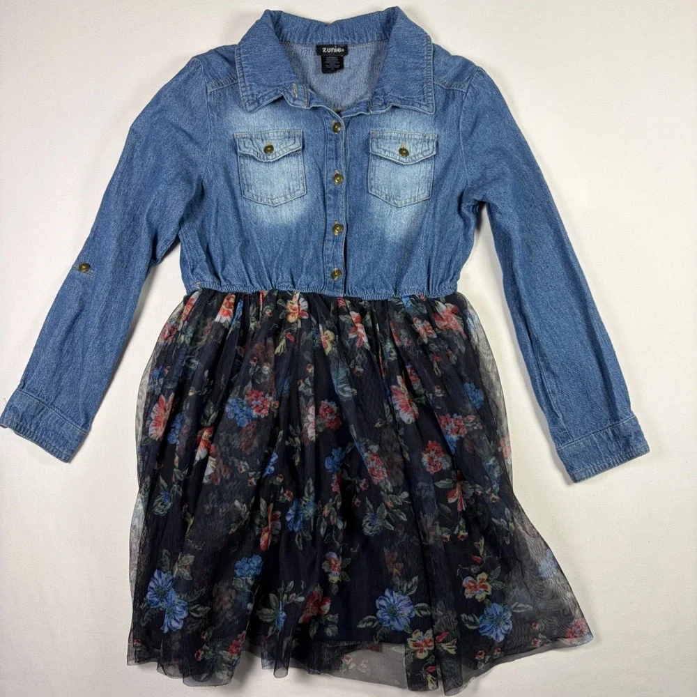 Zunie Denim Floral Tulle Mixed Media Long Sleeve Cottagecore Dress Girls 10